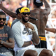 Kyrie Irving and LeBron James of the Cleveland Cavaliers look on from the stage during the victory parade and rally in Cleveland on June 22, 2016, in honor of the Cavaliers’ 2016 NBA Championship victory.
Mike Lawrie/Getty Images